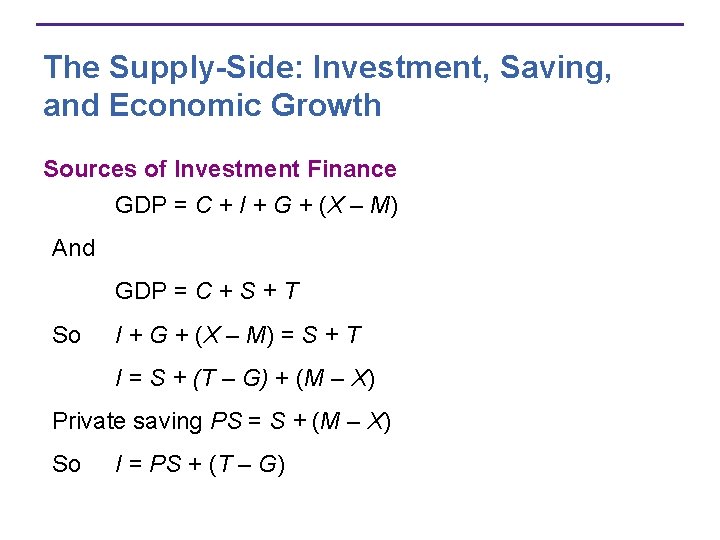 The Supply-Side: Investment, Saving, and Economic Growth Sources of Investment Finance GDP = C