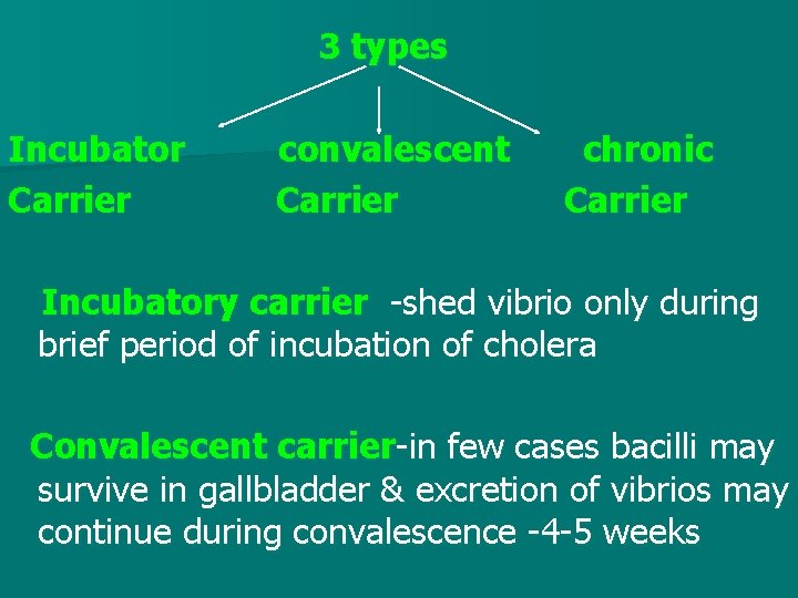 3 types Incubator Carrier convalescent Carrier chronic Carrier Incubatory carrier -shed vibrio only during