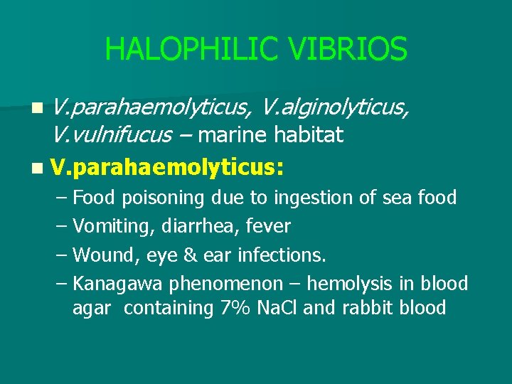 HALOPHILIC VIBRIOS n V. parahaemolyticus, V. alginolyticus, V. vulnifucus – marine habitat n V.