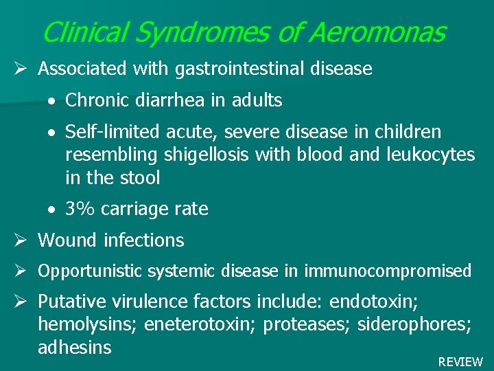 Clinical Syndromes of Aeromonas Ø Associated with gastrointestinal disease · Chronic diarrhea in adults