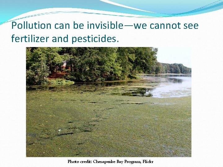 Pollution can be invisible—we cannot see fertilizer and pesticides. Photo credit: Chesapeake Bay Program,