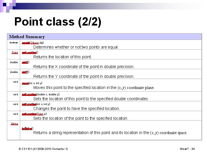 Point class (2/2) Method Summary boolean Point double void equals(Object obj) Determines whether or