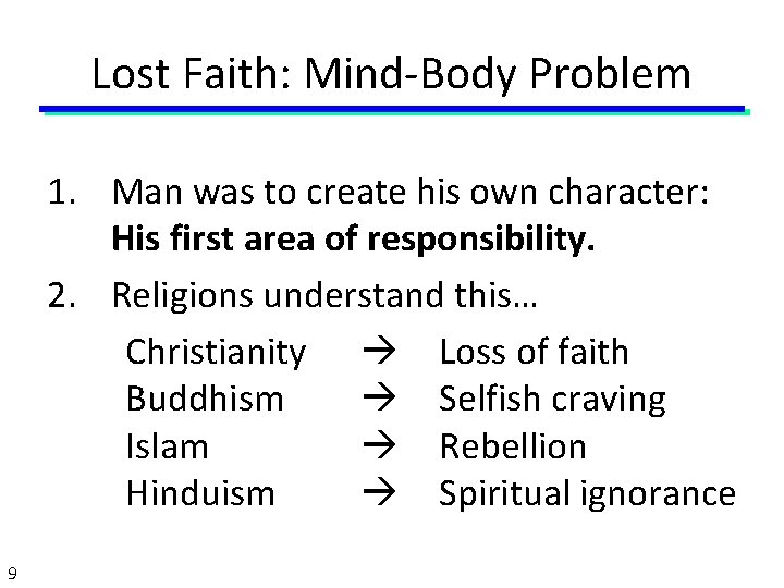 Lost Faith: Mind-Body Problem 1. Man was to create his own character: His first