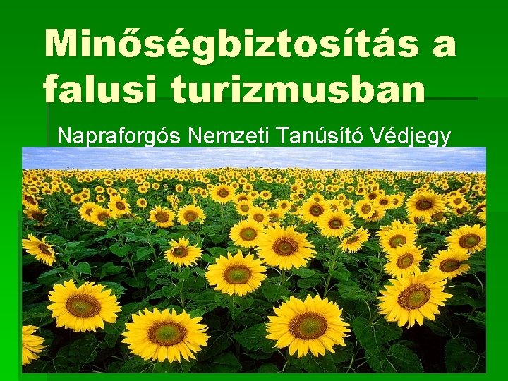 Minőségbiztosítás a falusi turizmusban Napraforgós Nemzeti Tanúsító Védjegy 
