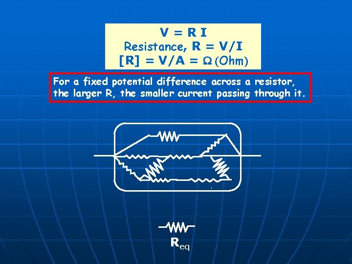 V=RI Resistance, R = V/I [R] = V/A = W (Ohm) For a fixed