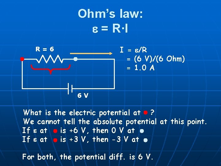 Ohm’s law: e = R·I I = e/R = (6 V)/(6 Ohm) = 1.