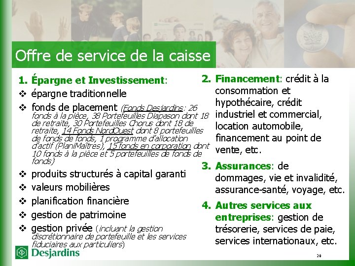 Offre de service de la caisse 2. Financement: crédit à la 1. Épargne et