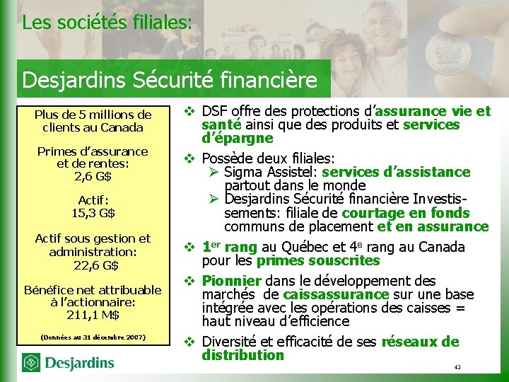 Les sociétés filiales: Desjardins Sécurité financière Plus de 5 millions de clients au Canada