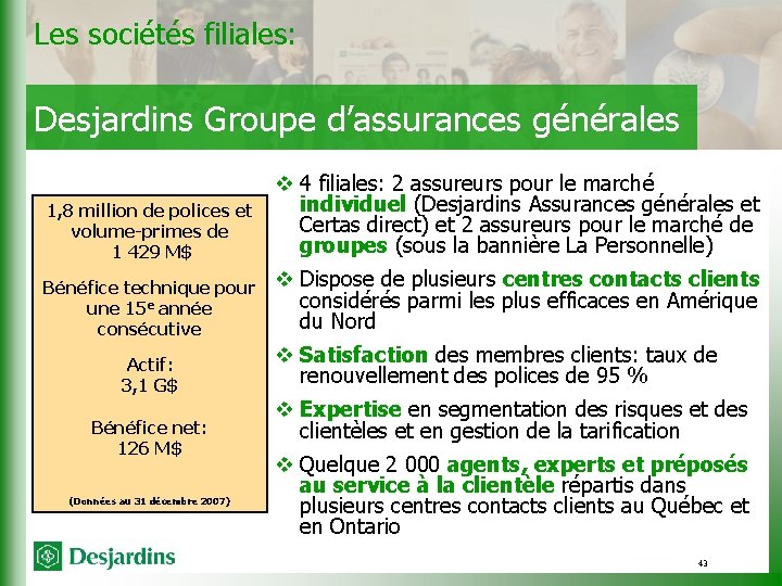 Les sociétés filiales: Desjardins Groupe d’assurances générales 1, 8 million de polices et volume-primes