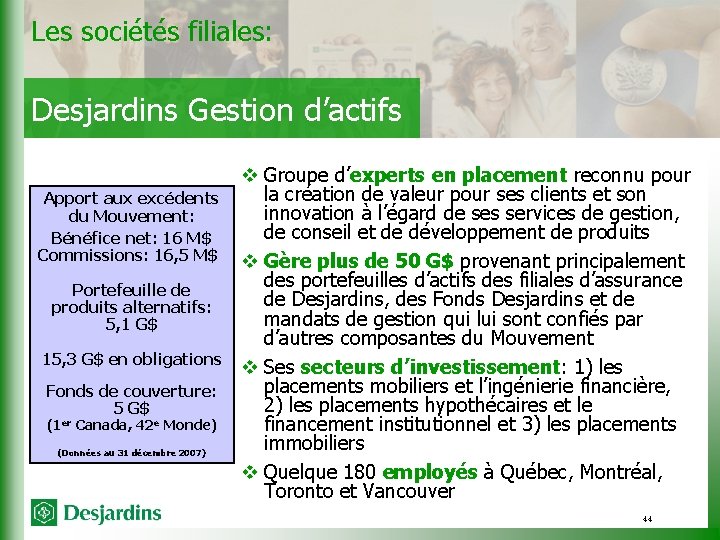 Les sociétés filiales: Desjardins Gestion d’actifs Apport aux excédents du Mouvement: Bénéfice net: 16