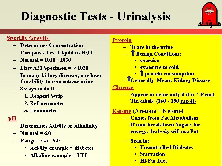 Diagnostic Tests - Urinalysis Specific Gravity – – – Determines Concentration Compares Test Liquid