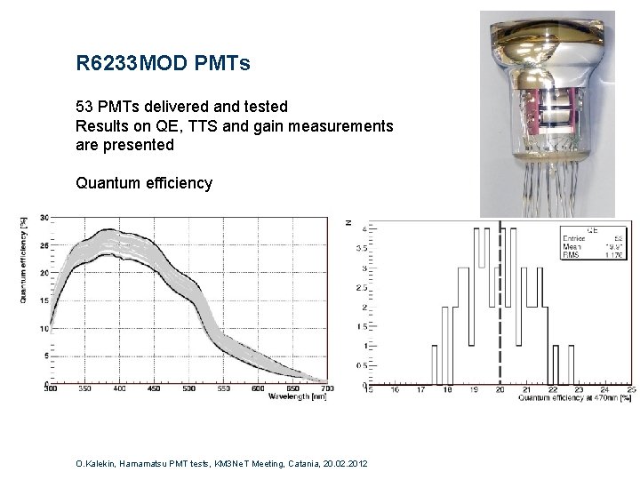 R 6233 MOD PMTs 53 PMTs delivered and tested Results on QE, TTS and R 6233 MOD PMTs 53 PMTs delivered and tested Results on QE, TTS and