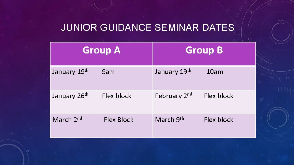 JUNIOR GUIDANCE SEMINAR DATES Group A Group B January 19 th 9 am January