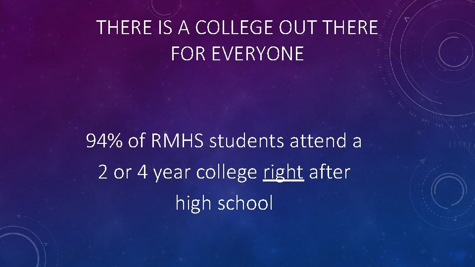 THERE IS A COLLEGE OUT THERE FOR EVERYONE 94% of RMHS students attend a