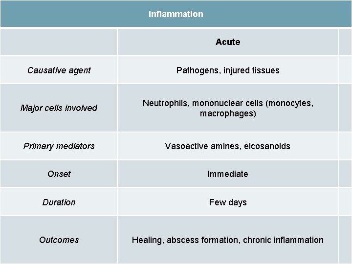 Inflammation Acute Causative agent Pathogens, injured tissues Major cells involved Neutrophils, mononuclear cells (monocytes,