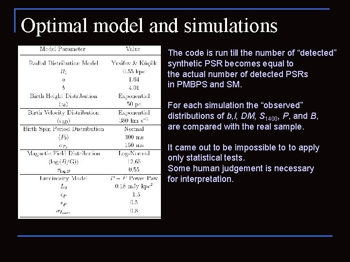 Optimal model and simulations The code is run till the number of “detected” synthetic