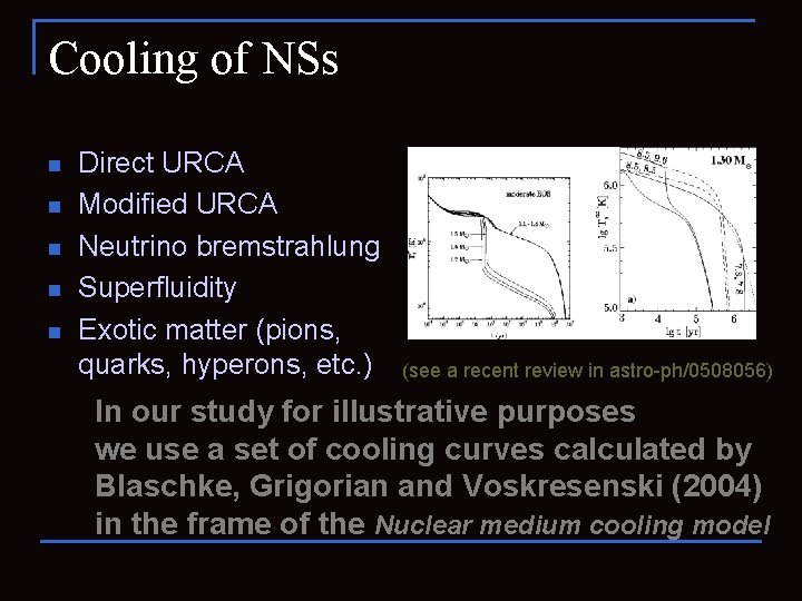 Cooling of NSs n n n Direct URCA Modified URCA Neutrino bremstrahlung Superfluidity Exotic