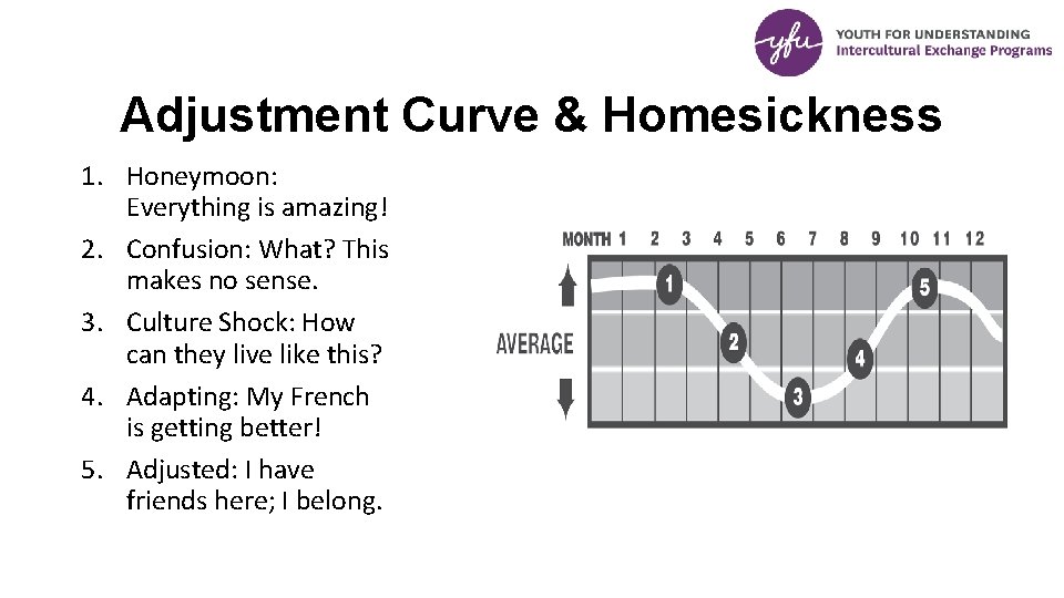 Adjustment Curve & Homesickness 1. Honeymoon: Everything is amazing! 2. Confusion: What? This makes