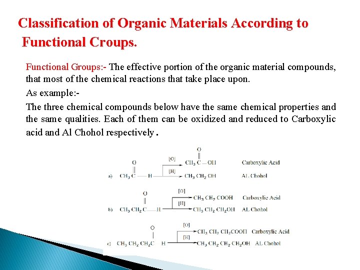 Classification of Organic Materials According to Functional Croups. Functional Groups: - The effective portion Classification of Organic Materials According to Functional Croups. Functional Groups: - The effective portion