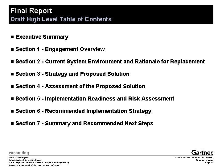 Final Report Draft High Level Table of Contents n Executive Summary n Section 1