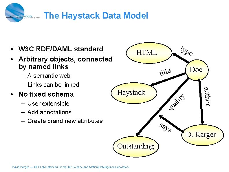 The Haystack Data Model • W 3 C RDF/DAML standard • Arbitrary objects, connected