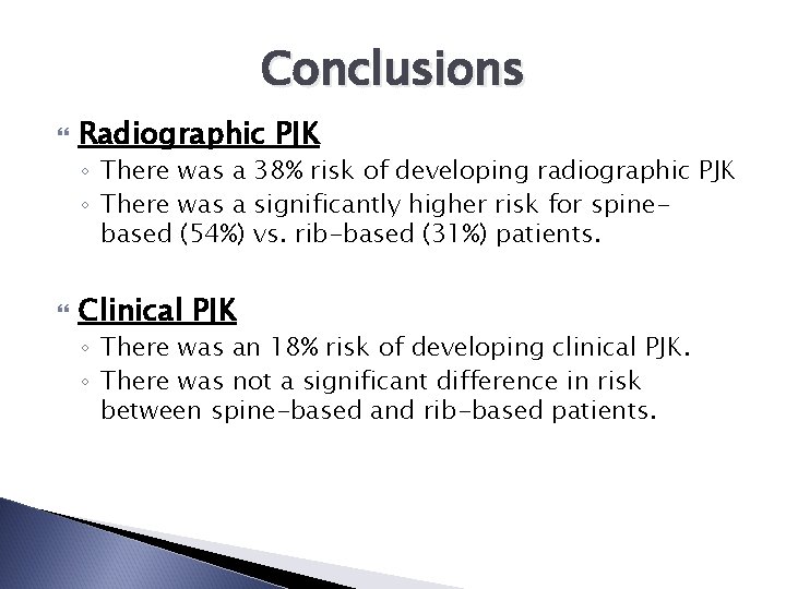 Conclusions Radiographic PJK ◦ There was a 38% risk of developing radiographic PJK ◦