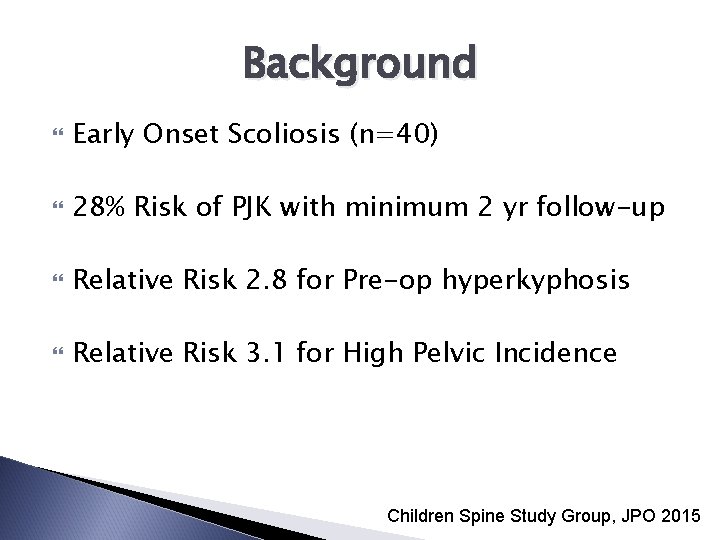 Background Early Onset Scoliosis (n=40) 28% Risk of PJK with minimum 2 yr follow-up