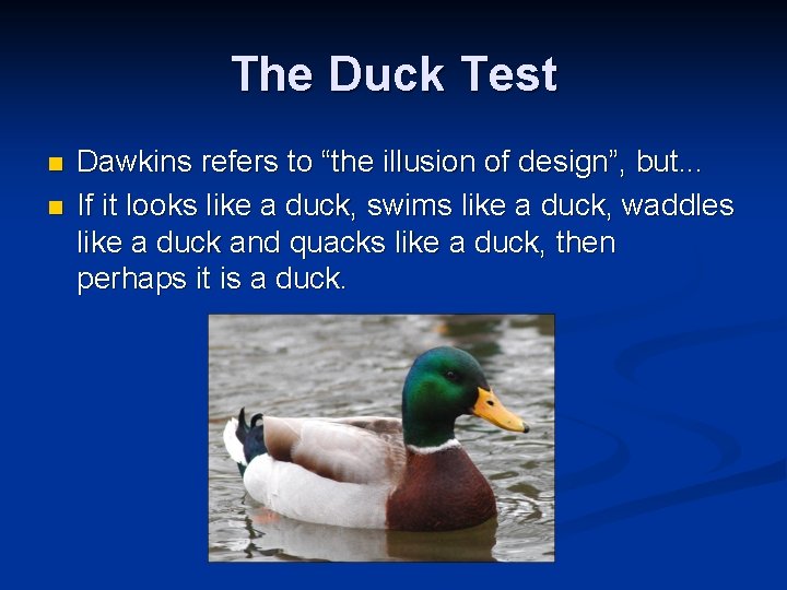 The Duck Test n n Dawkins refers to “the illusion of design”, but. .