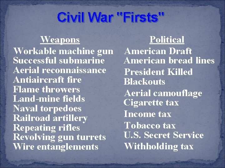 Civil War "Firsts" Weapons Political Workable machine gun American Draft Successful submarine American bread