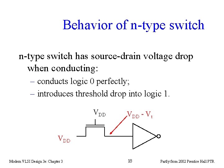 Behavior of n-type switch has source-drain voltage drop when conducting: – conducts logic 0 Behavior of n-type switch has source-drain voltage drop when conducting: – conducts logic 0