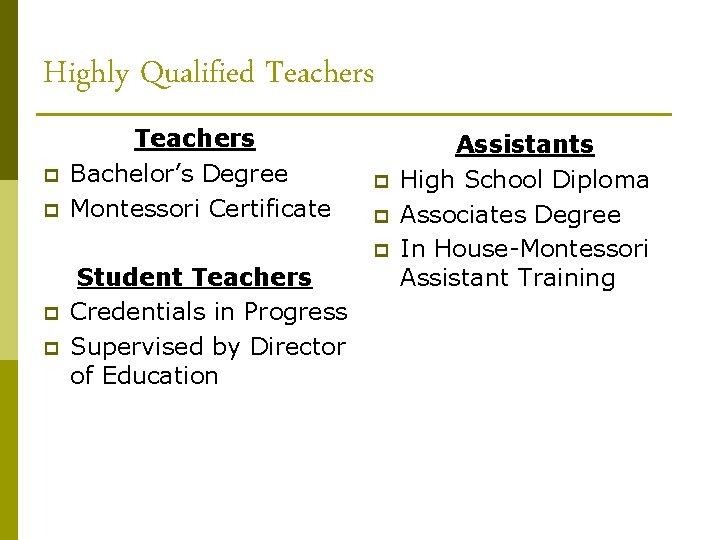 Highly Qualified Teachers p p Teachers Bachelor’s Degree Montessori Certificate p p p Student