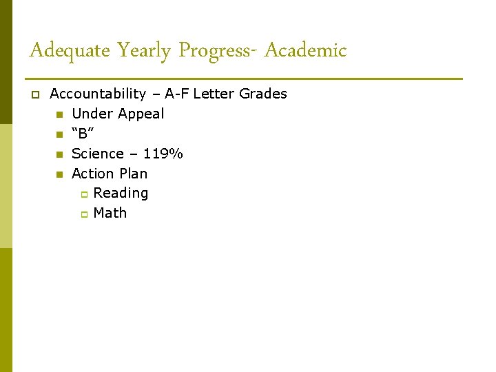Adequate Yearly Progress- Academic p Accountability – A-F Letter Grades n Under Appeal n