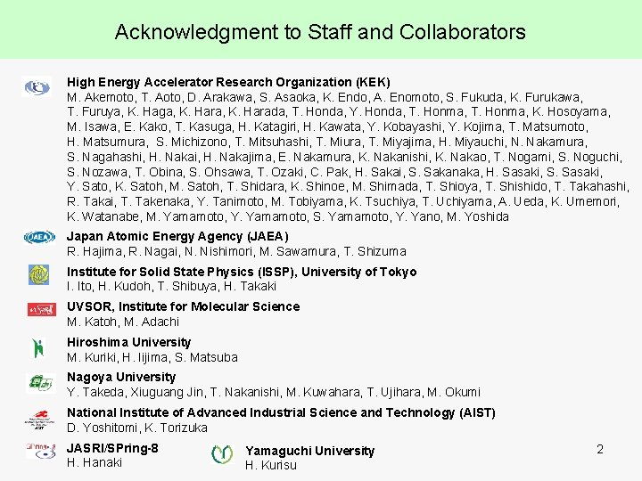 Acknowledgment to Staff and Collaborators High Energy Accelerator Research Organization (KEK) M. Akemoto, T.