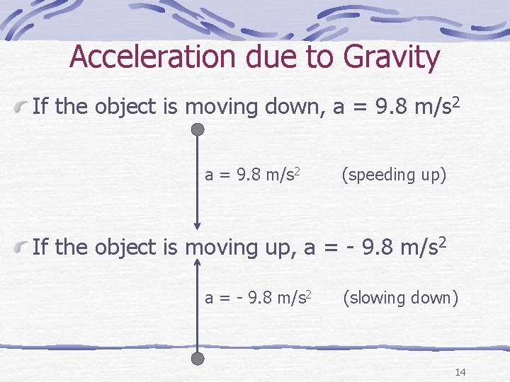 Acceleration due to Gravity If the object is moving down, a = 9. 8