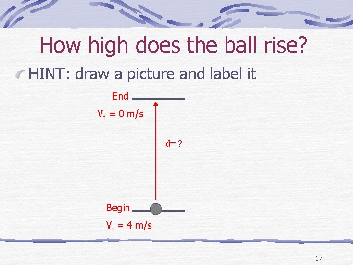 How high does the ball rise? HINT: draw a picture and label it End