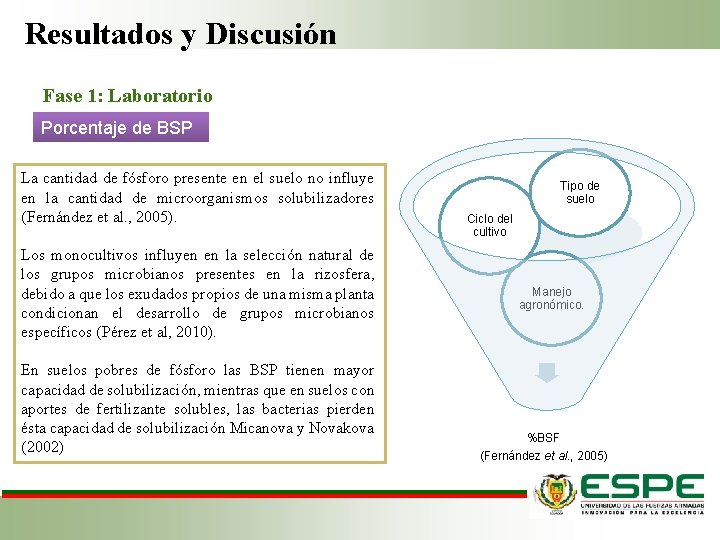 Resultados y Discusión Fase 1: Laboratorio Porcentaje de BSP La cantidad de fósforo presente