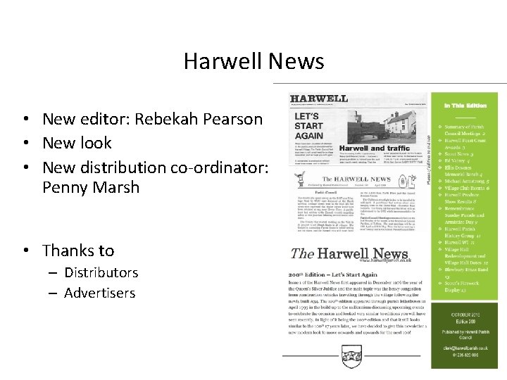 Harwell News • New editor: Rebekah Pearson • New look • New distribution co-ordinator: