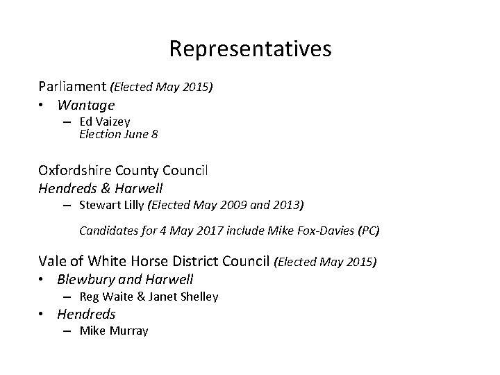 Representatives Parliament (Elected May 2015) • Wantage – Ed Vaizey Election June 8 Oxfordshire