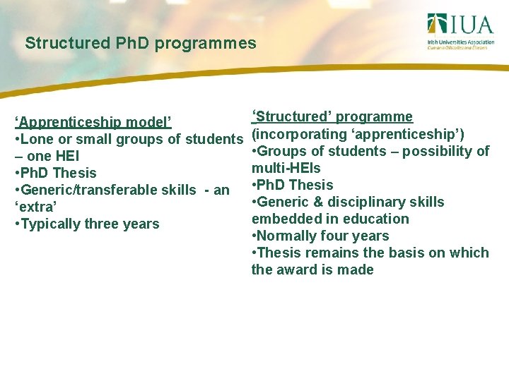 Structured Ph. D programmes ‘Apprenticeship model’ • Lone or small groups of students –