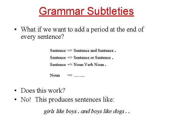 Grammar Subtleties • What if we want to add a period at the end