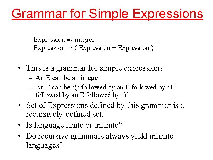 Grammar for Simple Expressions Expression => integer Expression => ( Expression + Expression )