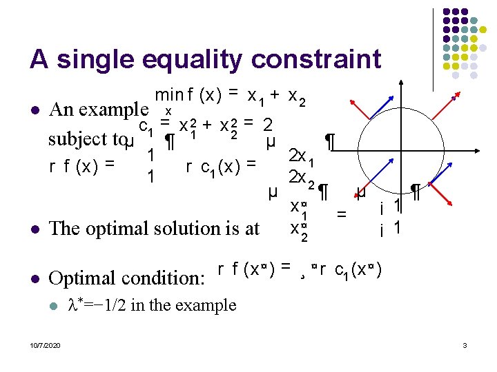 A single equality constraint l min f (x) = x 1 + x 2