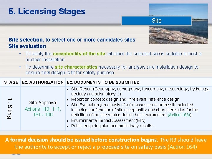 5. Licensing Stages Site selection, to select one or more candidates sites Site evaluation