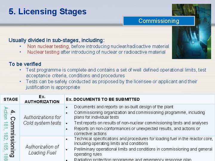 5. Licensing Stages Commissioning Usually divided in sub-stages, including: • Non nuclear testing, before