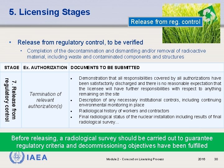5. Licensing Stages Release from reg. control • Release from regulatory control, to be