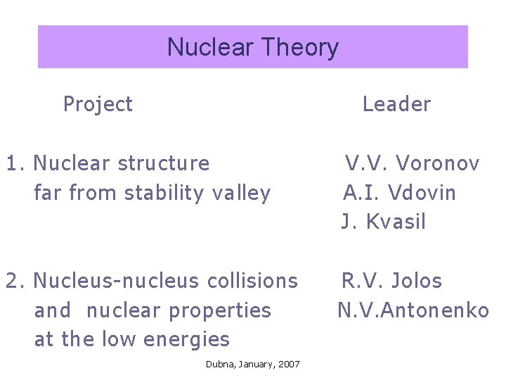 Nuclear Theory Project Leader 1. Nuclear structure far from stability valley V. V. Voronov