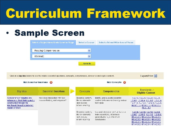 Curriculum Framework • Sample Screen 