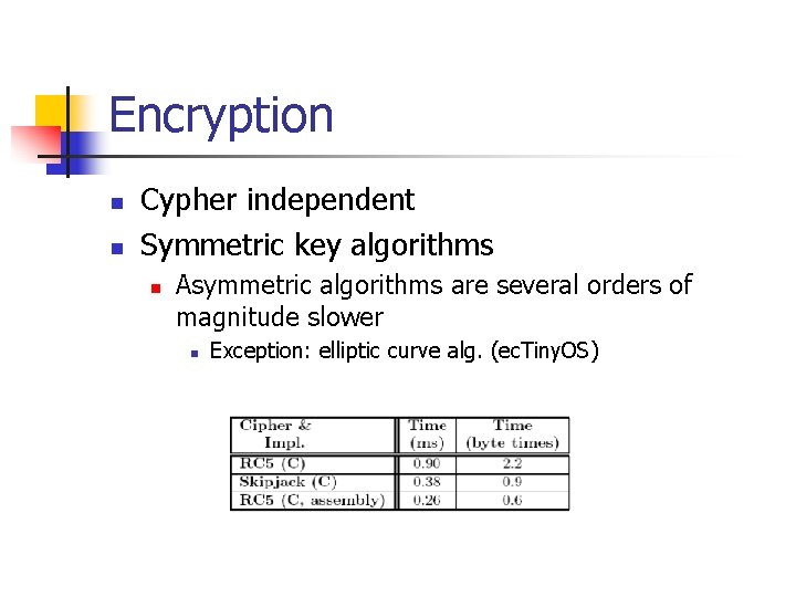 Encryption n n Cypher independent Symmetric key algorithms n Asymmetric algorithms are several orders