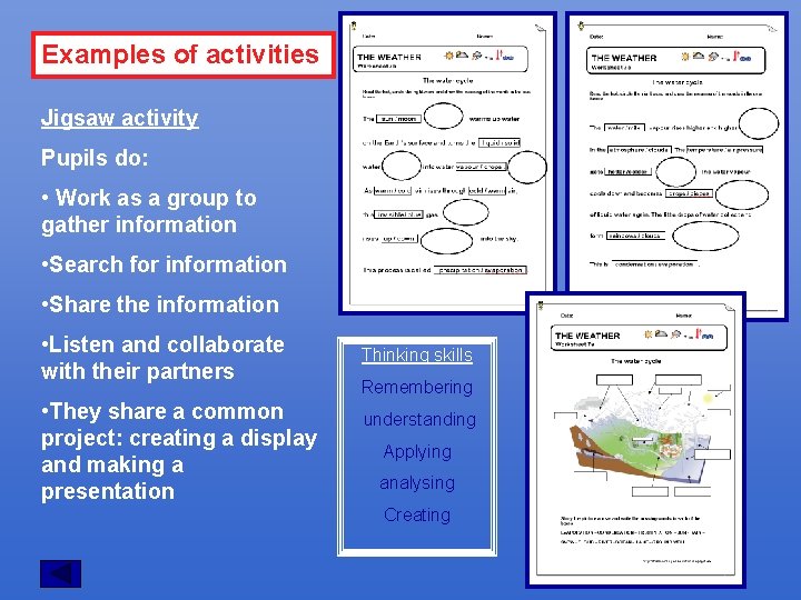 Examples of activities Jigsaw activity Pupils do: • Work as a group to gather