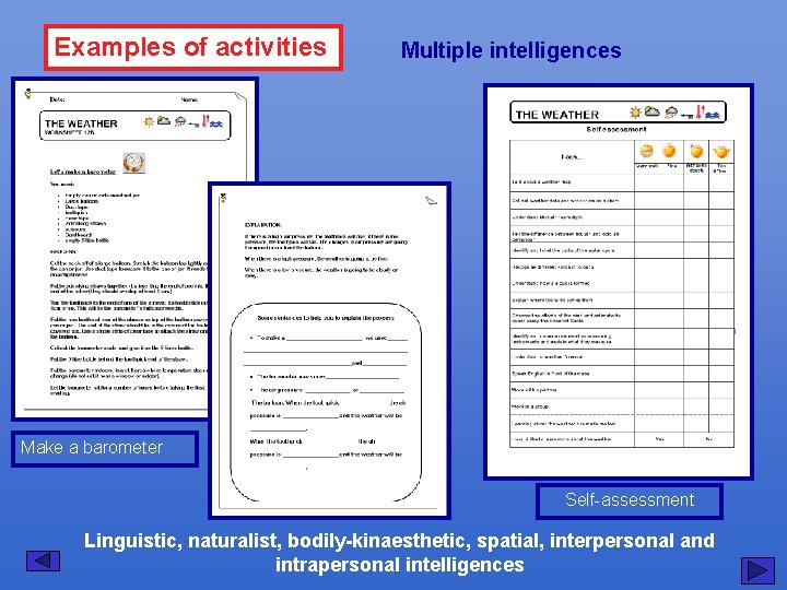 Examples of activities Multiple intelligences Make a barometer Self-assessment Linguistic, naturalist, bodily-kinaesthetic, spatial, interpersonal